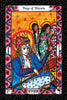 A vibrant tarot card from The Vedic Tarot by Schiffer Publishing, Ltd. features a crowned figure in blue and red with a tall staff, alongside three women in patterned dresses and starry halos amid decorative borders.