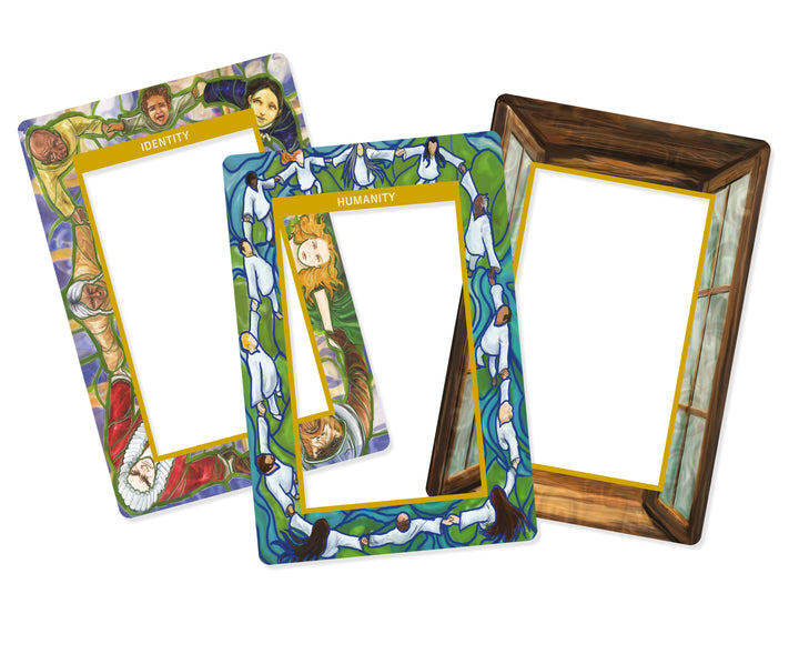 Three illustrated, empty frames overlap. "IDENTITY" shows diverse faces, "HUMANITY" displays joined hands and faces, and an unlabeled frame with a wood-like pattern evokes the spiritual feel of Frame This Oracle by Schiffer Publishing, Ltd.
