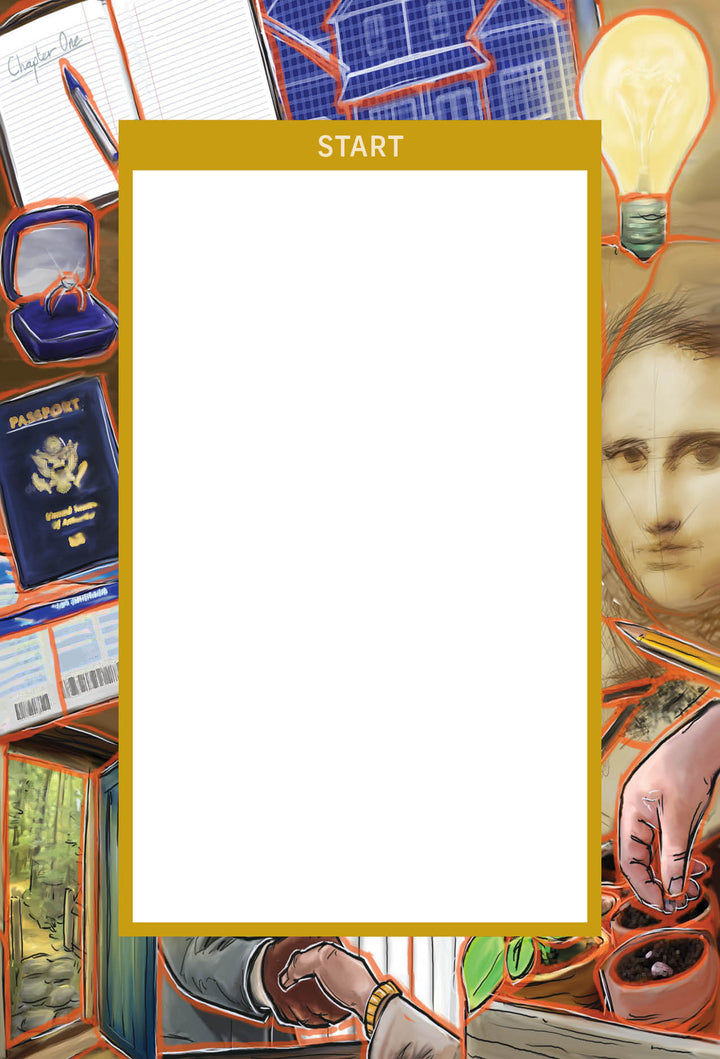 Colorful collage for Schiffer Publishing, Ltd.'s Frame This Oracle: passport, solar panels, lightbulb, oracle-like face, hand with soil, books, hand turning a dial—all centered on a bold white box labeled START.