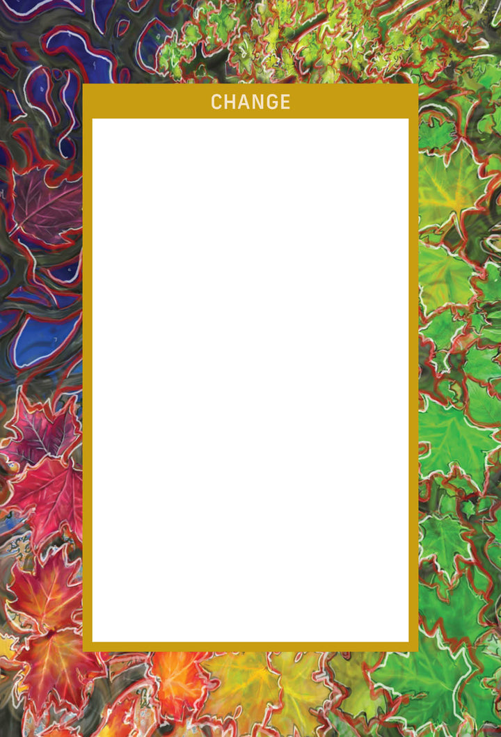 A golden-bordered white rectangle featuring "CHANGE" at the top, with vibrant autumn leaves—perfect for insight and divination. Add Frame This Oracle by Schiffer Publishing, Ltd. to your spiritual tools or oracle deck.