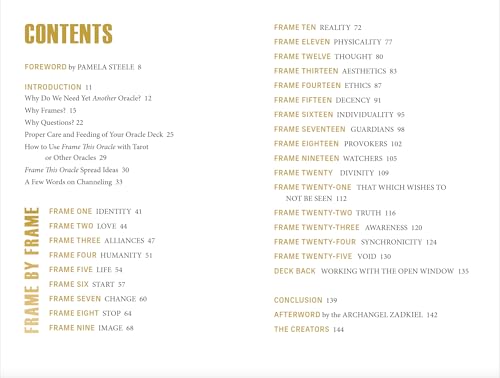 Table of contents for "Frame This Oracle" by Schiffer Publishing, Ltd.: Foreword, Introduction, Frame by Frame (Frames 1–22), Deck Back, Conclusion, Blessing, and The Creators—centering on oracle cards as a spiritual tool.