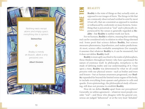 Two pages from Frame This Oracle by Schiffer Publishing, Ltd.: The left shows a Democritus and Einstein quote on reality with abstract blue-and-gold art; the right, titled FRAME TEN: REALITY, offers guidance like a spiritual oracle card.