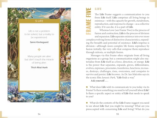 An open book from Frame This Oracle by Schiffer Publishing, Ltd. displays pages 54-55: a quote on life by Søren Kierkegaard and Thich Nhat Hanh with tree and flower art in an oracle card style, and a discussion on the concept of Life.