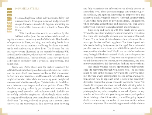 Image of an open book showing pages 8–9. The left page features a vertical highlighted "FOREWORD" and introduces Frame This Oracle, a spiritual tool by Schiffer Publishing, Ltd. The right page discusses its transformative experiences.