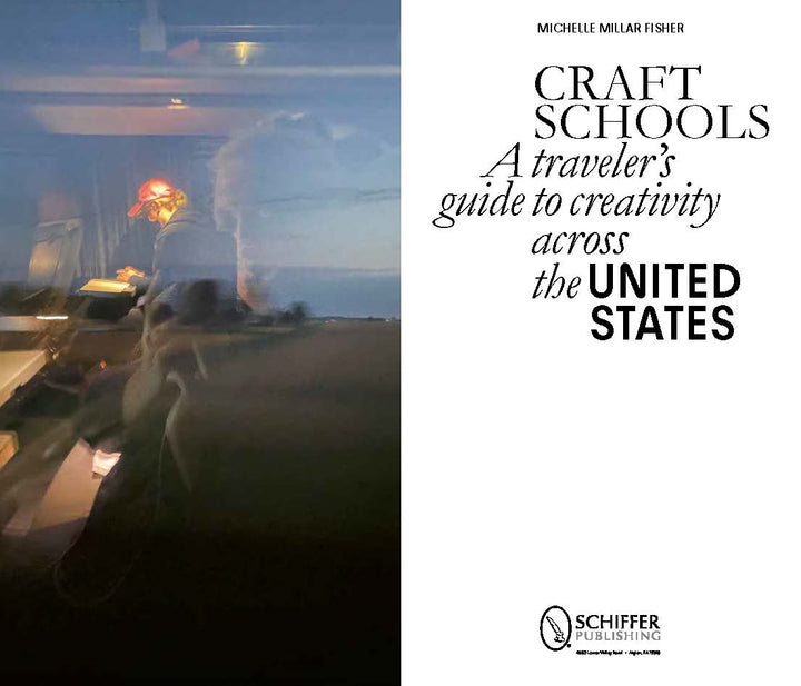 Book cover for Craft Schools, published by Schiffer Publishing, Ltd., features a blurred nighttime photo of a person that evokes the dynamic spirit of American craft schools and celebrates the importance of handmade arts. The publisher’s logo is displayed at the bottom.