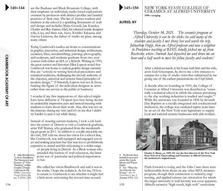 Two pages from Craft Schools by Schiffer Publishing, Ltd. display text on the NYS College of Ceramics, a key institution in the development of American craft education. The right page features black and white photographs: one of a brick building and another of Charles F. Binns, each accompanied by numbered captions that underscore their roles in advancing handmade arts and craft instruction.