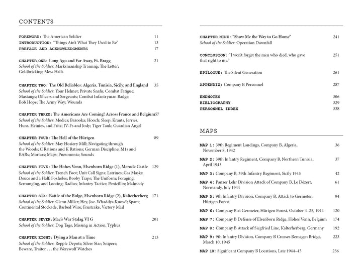 The left page of "Dying Hard" by Schiffer Publishing, Ltd. features chapters and sections with page numbers; the right lists 20 maps—including 39th Infantry Regiment movements—each briefly described in a clear, organized format.