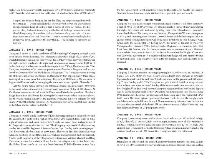 A page from "Dying Hard" by Schiffer Publishing, Ltd. shows typewritten text in two columns, listing daily activities and events for Company B, 39th Infantry Regiment, from January 5-10, 1945. Page 182 is noted at the bottom.