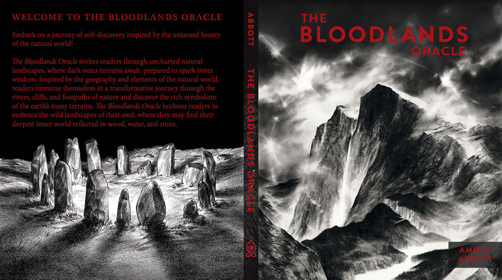 The Bloodlands Oracle by Schiffer Publishing, Ltd. features a cover with jagged stone formations in a misty grayscale landscape; bold red text displays the title and author’s name, enhancing the deck's mysterious atmosphere.