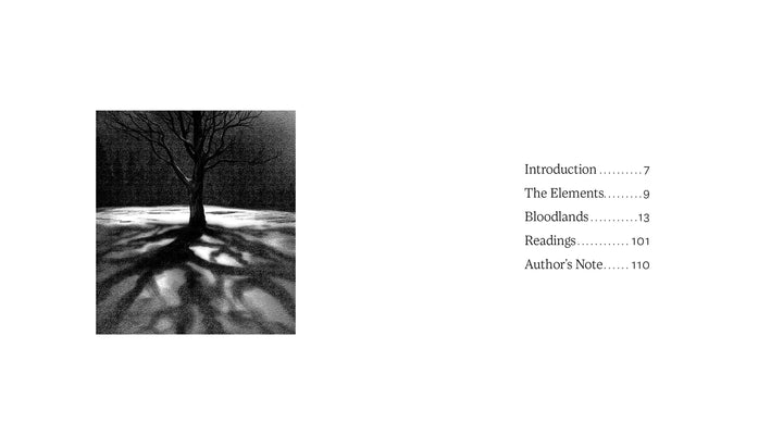 Black and white image of a leafless tree casting long shadows on snow; to the right, a table of contents lists five sections from The Bloodlands Oracle, a nature-inspired card deck by Schiffer Publishing, Ltd.