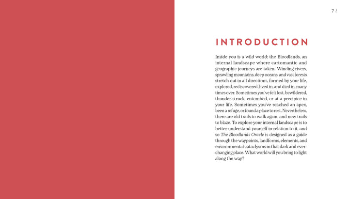 A book spread with a pink left page and a right page titled INTRODUCTION in red. The Bloodlands Oracle by Schiffer Publishing, Ltd. is described as a personal, shifting landscape for exploration, adventure, and nature-inspired guidance.