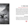 A black and white illustration shows a stone dolmen in grass. On the right, text describes The Dolmen tarot card from The Bloodlands Oracle by Schiffer Publishing, Ltd., listing keywords, card meanings, and a red reversed triangle symbol.