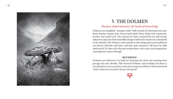 A black and white illustration shows a stone dolmen in grass. On the right, text describes The Dolmen tarot card from The Bloodlands Oracle by Schiffer Publishing, Ltd., listing keywords, card meanings, and a red reversed triangle symbol.