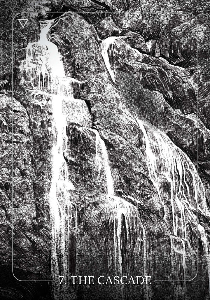Black and white illustration of a cascading waterfall over rocks with a tarot card style border, labeled "7. THE CASCADE," from The Bloodlands Oracle by Schiffer Publishing, Ltd., a nature-inspired oracle card deck.