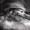 A black and white illustration of a mountain shrouded in swirling clouds, titled “9. THE CLOUDVEIL,” from The Bloodlands Oracle card deck by Schiffer Publishing, Ltd., features a triangle symbol in the top left corner.