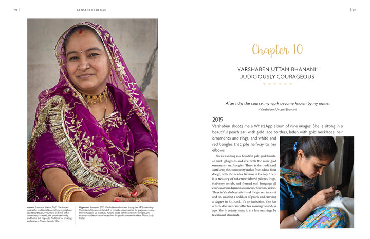 A woman in a vibrant purple sari with gold accents smiles, while on the right, another from Kala Raksha Vidhyalaya embroiders fabric—an image featured in "Artisans by Design" by Schiffer Publishing, Ltd., with text sharing her story.