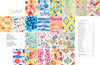 The Modern Watercolor Workshop by Schiffer Publishing, Ltd. features a vibrant contents page with watercolor geometric shapes, stripes, florals, fruit, and festive banners arranged in a grid alongside a right-side table of contents and page numbers.