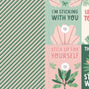 A graphic with diagonal green, pink, and cream stripes on the left and four plant-themed cards from Schiffer Publishing's KindKids Super Awesome Sticker Activity Book on the right, each card featuring motivational phrases like “I’m sticking with you.”.