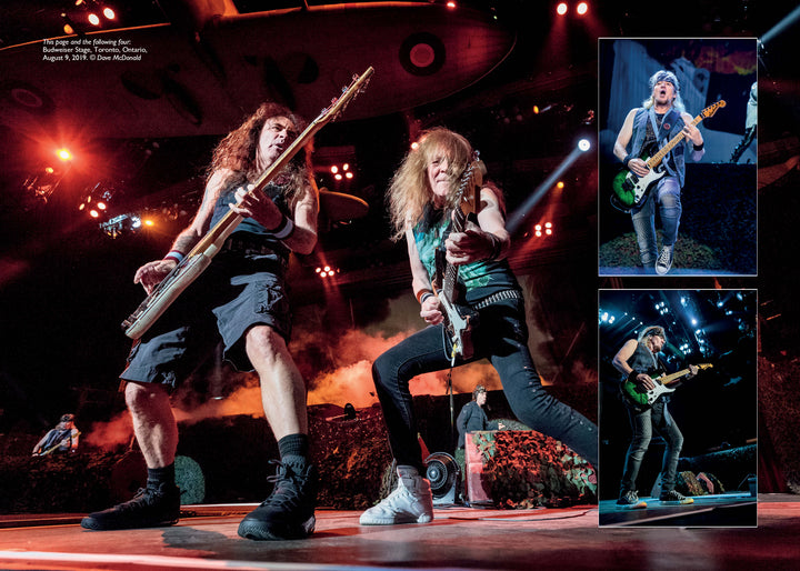 Two long-haired guitarists rock out under colorful stage lights, with three side photos of a blue-haired guitarist evoking Iron Maiden. Relive these classic heavy metal moments in Hallowed By Their Name: The Unofficial Iron Maiden Bible by Schiffer Publishing, Ltd.