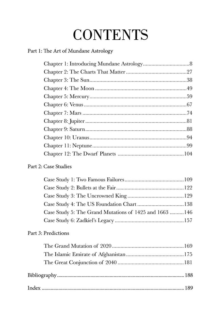 The Astrology of Nations by Schiffer Publishing, Ltd. features a table of contents with chapters and case studies on astrology charts, political and mundane predictions, planetary charts, forecasts, section headings, chapter titles, and page numbers.
