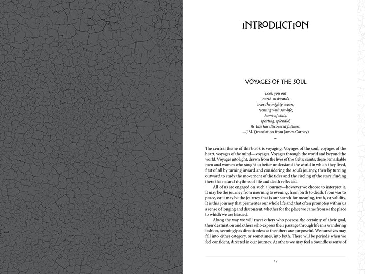The left page of Voyages with the Celtic Saints (Schiffer Publishing, Ltd.) shows a cracked earth pattern and INTRODUCTION. The right page, titled Voyages of the Soul, includes a Juan Ramón Jiménez poem and text on journeys inspired by Celtic saints.