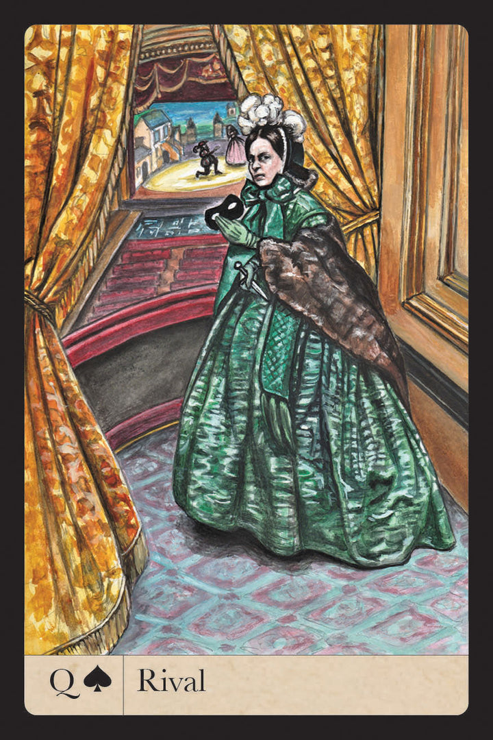 The Magic Lantern Sibilla by Schiffer Publishing, Ltd. features a Queen of Spades card labeled "Rival," depicting a woman in an ornate green gown and cape in an opera box, holding a black mask and watching a stage through golden curtains.