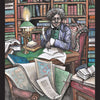 Seated at a desk filled with books and papers, a person writes with a quill—evoking imagery from The Magic Lantern Sibilla by Schiffer Publishing, Ltd.—as seen on the 7♥ Scholar card.