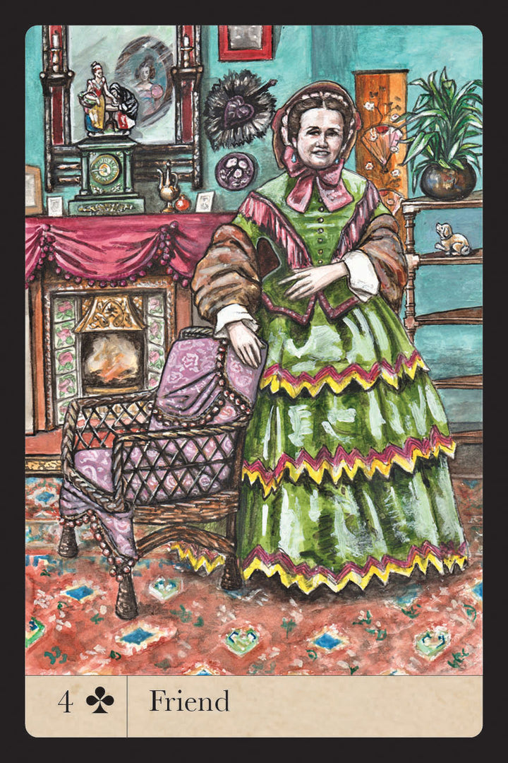 A Victorian-era woman in a green ruffled dress stands by a wicker chair in a lavish parlor on the 4 of Clubs – Friend card from The Magic Lantern Sibilla by Schiffer Publishing, Ltd., featuring a fireplace, mirror, and ornate decor.