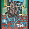 A tabby cat licks its paw atop a blue chair in a kitchen with broken dishes, spilled milk on red and blue tiles, and an open cupboard. Inspired by The Magic Lantern Sibilla from Schiffer Publishing, Ltd., the card reads 4♦ Falsehood.