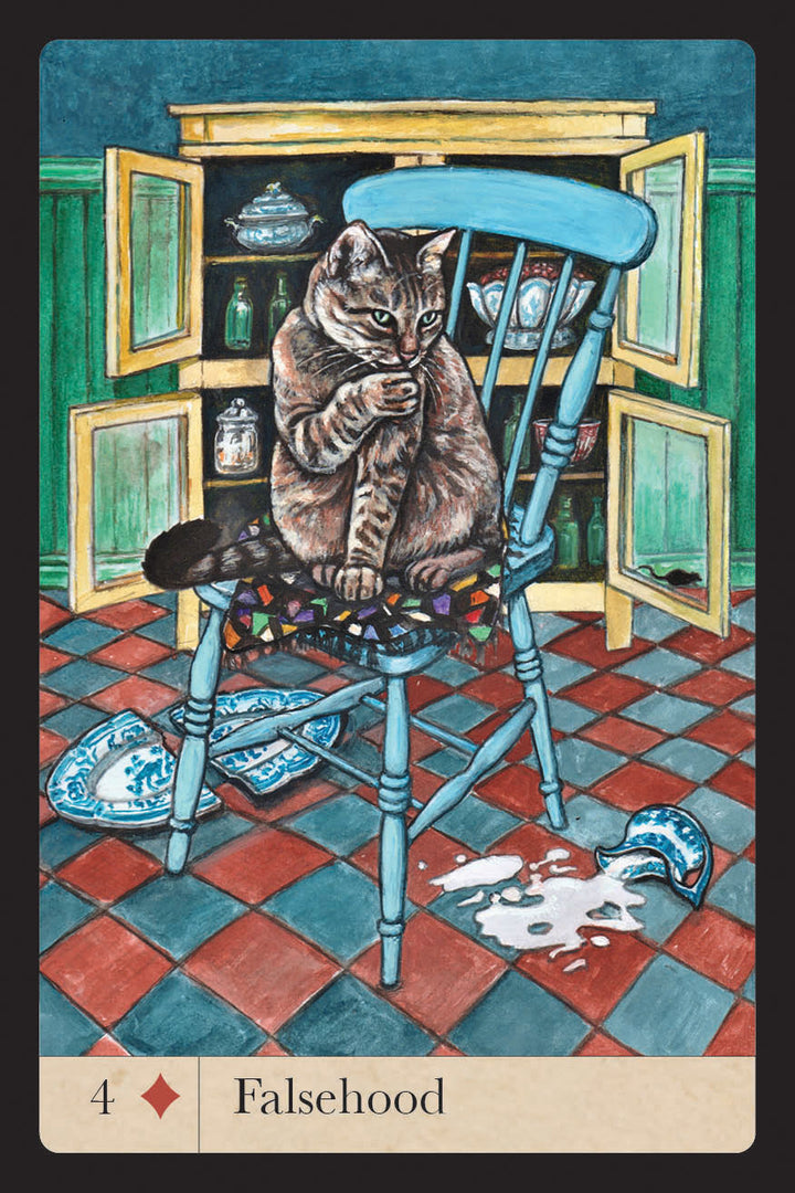 A tabby cat licks its paw atop a blue chair in a kitchen with broken dishes, spilled milk on red and blue tiles, and an open cupboard. Inspired by The Magic Lantern Sibilla from Schiffer Publishing, Ltd., the card reads 4♦ Falsehood.