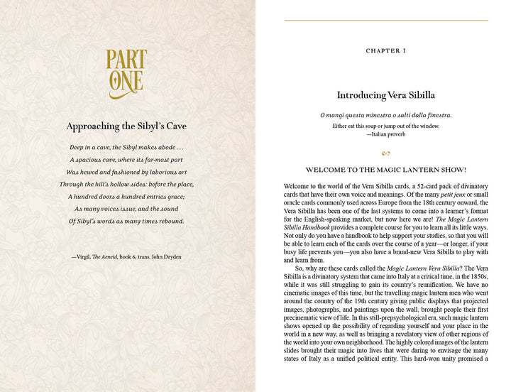 An open book, The Magic Lantern Sibilla by Schiffer Publishing, Ltd., invites you to discover the secrets of Italian oracle cards and the wisdom of the Vera Sibilla tradition.