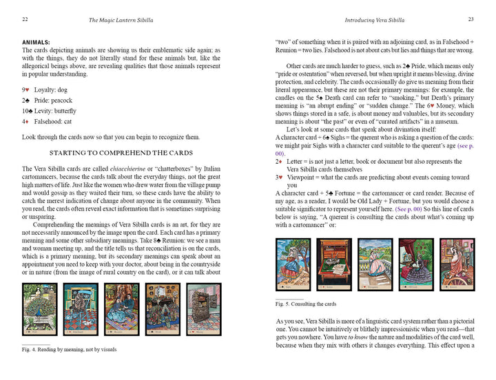 Two pages from The Magic Lantern Sibilla by Schiffer Publishing, Ltd. introduce animal symbolism and Italian oracle cards, showing six vibrant illustrated cards—each with unique scenes—offering a lively peek into this tradition.