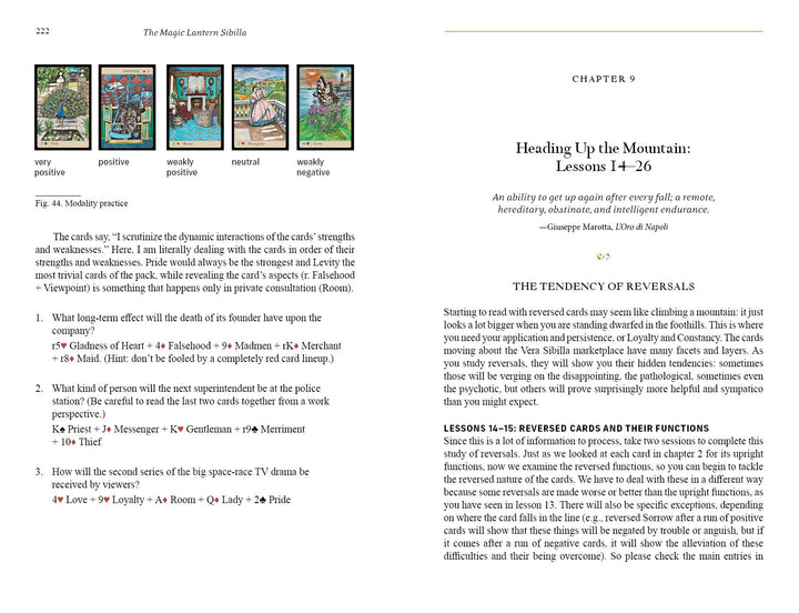 A page from Schiffer Publishing, Ltd.'s The Magic Lantern Sibilla shows tarot-like cards from very positive to very negative, with text on reversals and meanings, guiding readers through challenges like an oracle card or Vera Sibilla guidebook.