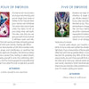 A two-page spread from The Unifying Consciousness Tarot by Schiffer Publishing, Ltd.: the left page explores Four of Swords with guidance on rest and cosmic art; the right addresses Five of Swords’ tension, paired with a striking sword illustration.