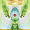 The Empress card from The Unifying Consciousness Tarot by Schiffer Publishing, Ltd. displays a crown, green eyes with leafy wings, geometric patterns, and an upward triangle of greenery on a radiant green background.
