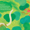 Illustrated scene of green foliage, moss, and autumn leaves. Like a children’s art book page, Frisky Face the Naughty Cat’s white tail peeks out—sleeping on moss or hidden under leaves? From Schiffer Publishing, Ltd.