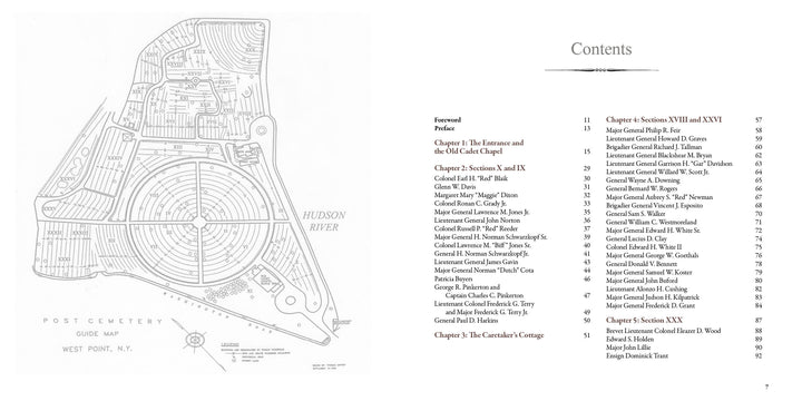 On the left, Stone Tapestry by Schiffer Publishing, Ltd. features a West Point Cemetery guide map with paths and sections; on the right, a table of contents lists chapters and notable individuals with page numbers.