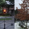 A split image: Left side shows a black iron gate, fountain, and Tudor building at dusk. Right side features West Point Cemetery with snow-dusted tombstones—evoking a reflective walk. "Stone Tapestry" by Schiffer Publishing, Ltd.