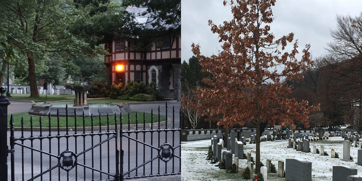 A split image: Left side shows a black iron gate, fountain, and Tudor building at dusk. Right side features West Point Cemetery with snow-dusted tombstones—evoking a reflective walk. "Stone Tapestry" by Schiffer Publishing, Ltd.