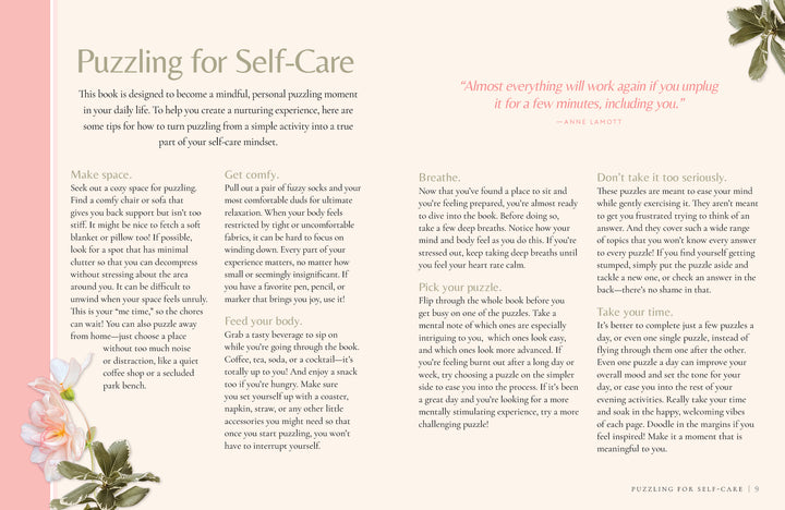 An illustrated magazine spread titled "MindfulMoments Crosswords" from Schiffer Publishing, Ltd. showcases tips for using self-care crossword puzzles as a mindful ritual, with floral accents and a featured Anne Lamott quote on the right.