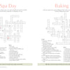 MindfulMoments Crosswords by Schiffer Publishing, Ltd. features two side-by-side self-care puzzles—Spa Day and Baking—with numbered clues and footnotes in a clean, minimal layout for a relaxing word puzzle book experience.