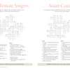 The MindfulMoments Crosswords by Schiffer Publishing, Ltd. offers a two-page spread with self-care puzzles—Iconic Female Singers on the left, Asian Cuisine on the right—and includes clues below each puzzle plus a fun fact at the bottom for relaxation.