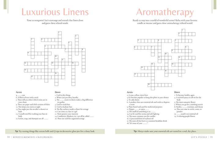 MindfulMoments Crosswords by Schiffer Publishing, Ltd. features Luxurious Linens and Aromatherapy puzzles side by side on a white background, with clues below and hints at the bottom—the clean design is ideal for relaxation.