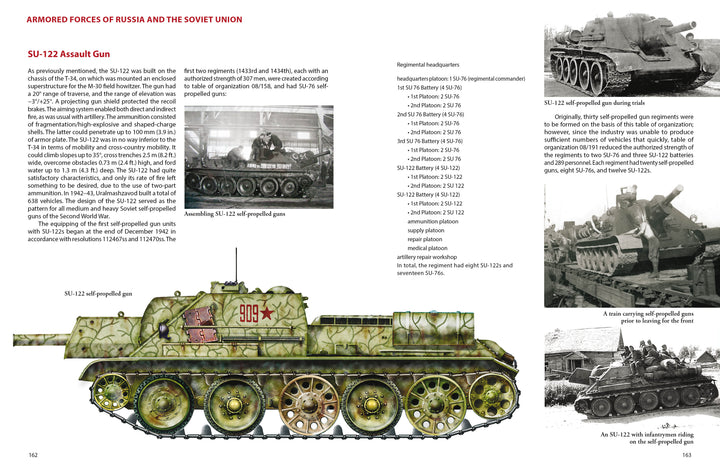 A page from "Armored Forces of Russia and the Soviet Union" by Schiffer Publishing, Ltd. features photos, illustrations, technical details, and historical images of the Soviet SU-122 assault gun among other Soviet armored vehicles.