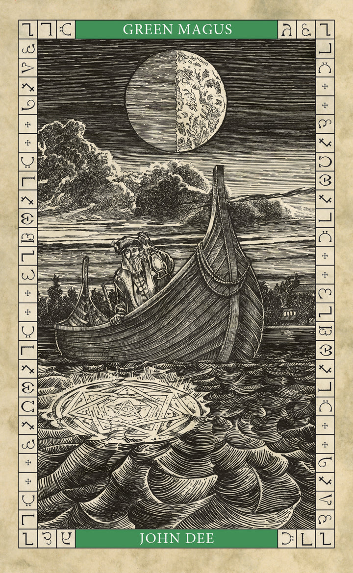An old man stands on a wooden boat beneath a half-moon sky, gazing at a glowing magical circle on the water. The John Dee Oracle card by Schiffer Publishing, Ltd. reads “Green Magus” and “John Dee,” framed with mystical runes.