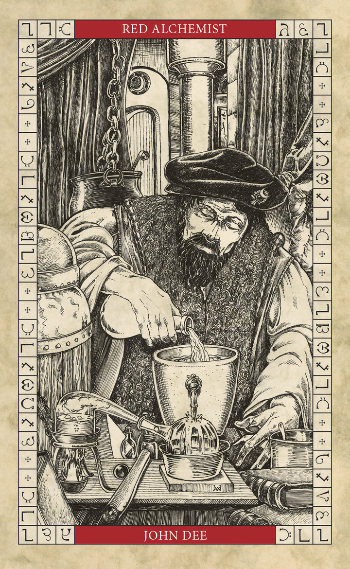 An illustration shows a bearded alchemist in glasses at a cluttered table, stirring a mortar. Mystical runes frame the scene with red banners: “Red Alchemist” and “The John Dee Oracle” by Schiffer Publishing, Ltd.