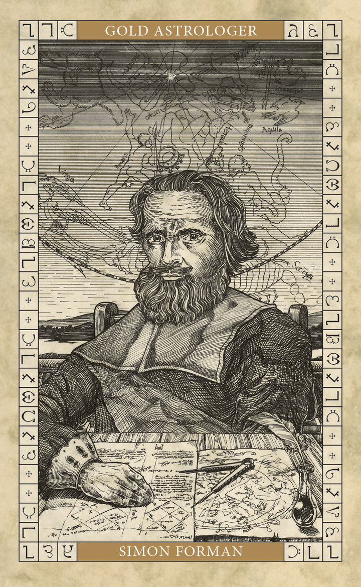 An illustrated portrait titled The John Dee Oracle from Schiffer Publishing, Ltd. shows John Dee at a desk with star charts, oracle cards, and an astrolabe, framed by astrological symbols and a celestial map in the background.
