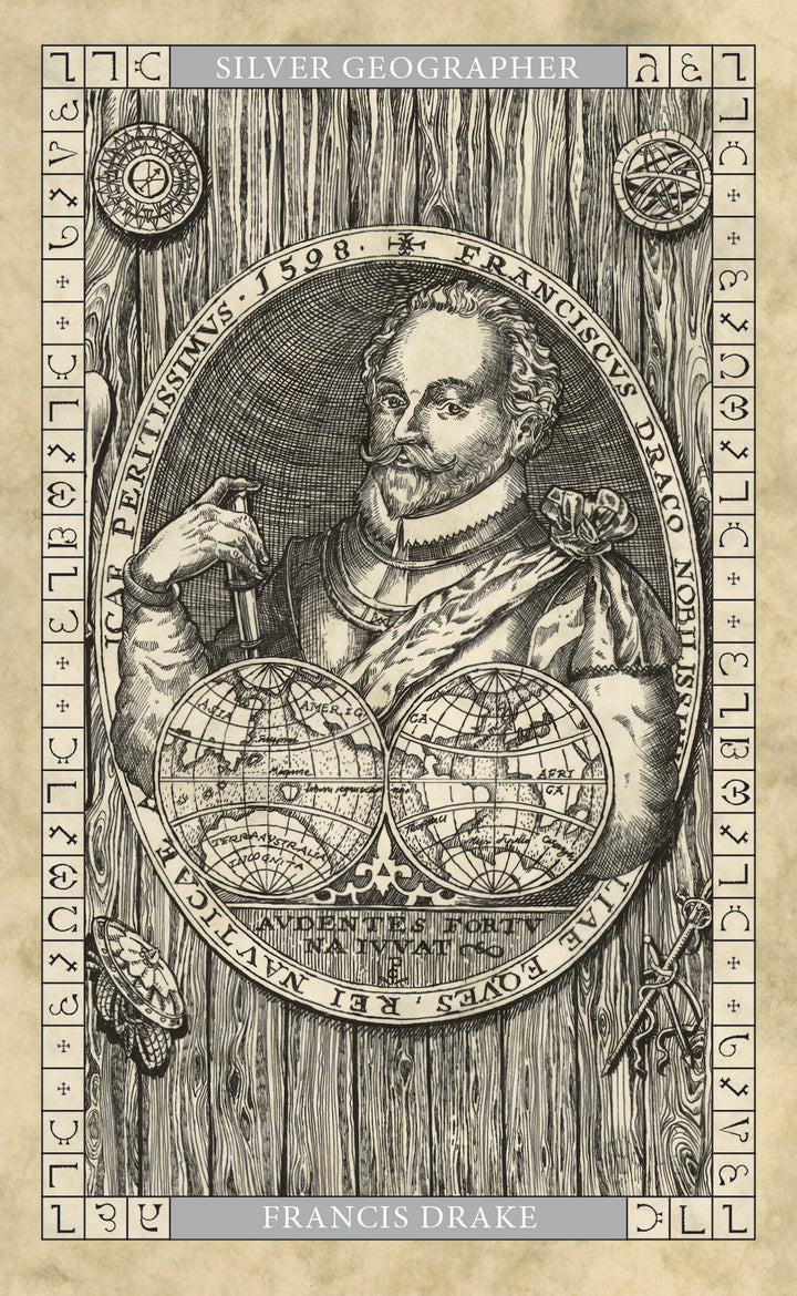 A man with a pen and globe, inspired by Dr. John Dee, ponders mysteries revealed in The John Dee Oracle from Schiffer Publishing, Ltd.