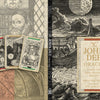 Book cover for The John Dee Oracle by Schiffer Publishing, Ltd. Features vintage-style illustrations, oracle cards, a bearded man, mystical scenes, and detailed black-and-white artwork.