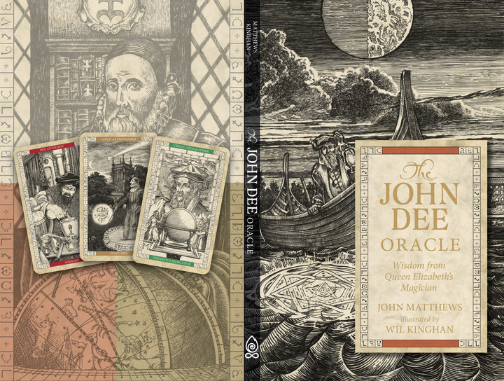 Book cover for The John Dee Oracle by Schiffer Publishing, Ltd. Features vintage-style illustrations, oracle cards, a bearded man, mystical scenes, and detailed black-and-white artwork.